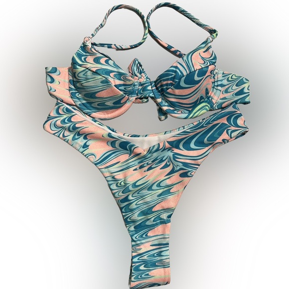 Blue Swirl Underwire High Waisted Thong Bikini Set - Picture 2 of 10